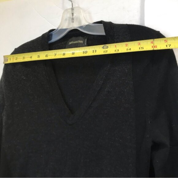 Zadig & Voltaire Wool V Neck Sweater Black Grey Asymmetrical Hem Pullover Top S - Picture 14 of 16